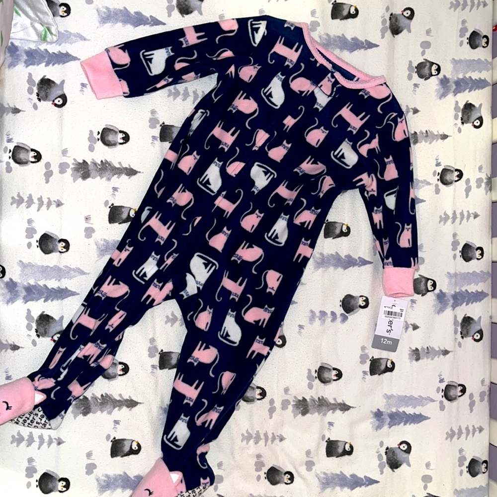 Carters 12M footed pajamas with white and pink Kitty Pattern.